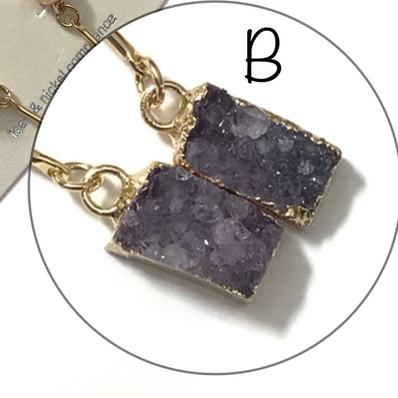 Gold with Purple Druzy Stone Dangle Earrings - Picture 4 of 6
